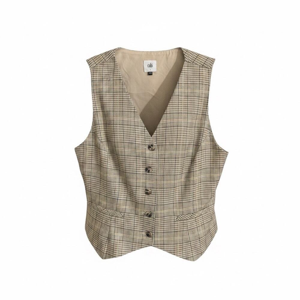 Cabi Button Down Plaid Vest Womens Tan and Brown Menswear Preppy Large